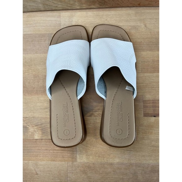 90s Minimalist Square Heel, Nude Pebbled Leather  Block Heel Slides Sandal White - Picture 5 of 8